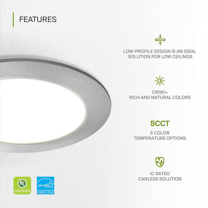 ASD Lighting LED Round Recessed Mini Panel 4" 12W 120V Dimmable CCT Selectable 2700/3000/3500/4000/5000K Brushed Nickel UL Energy Star 6pack