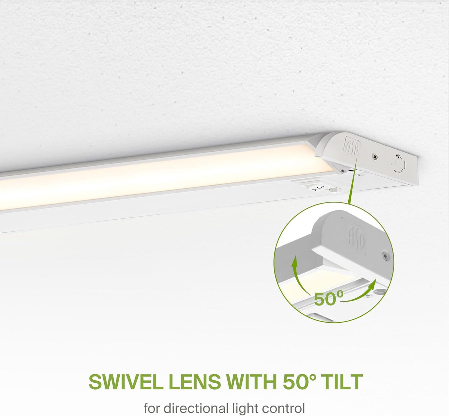 ASD Lighting LED Under Cabinet Swivel 48" 24W 120V Dimmable CCT Selectable 2700/3000/4000K Hardwired or Plug-in, Linkable, Hi/Low Switch, White UL