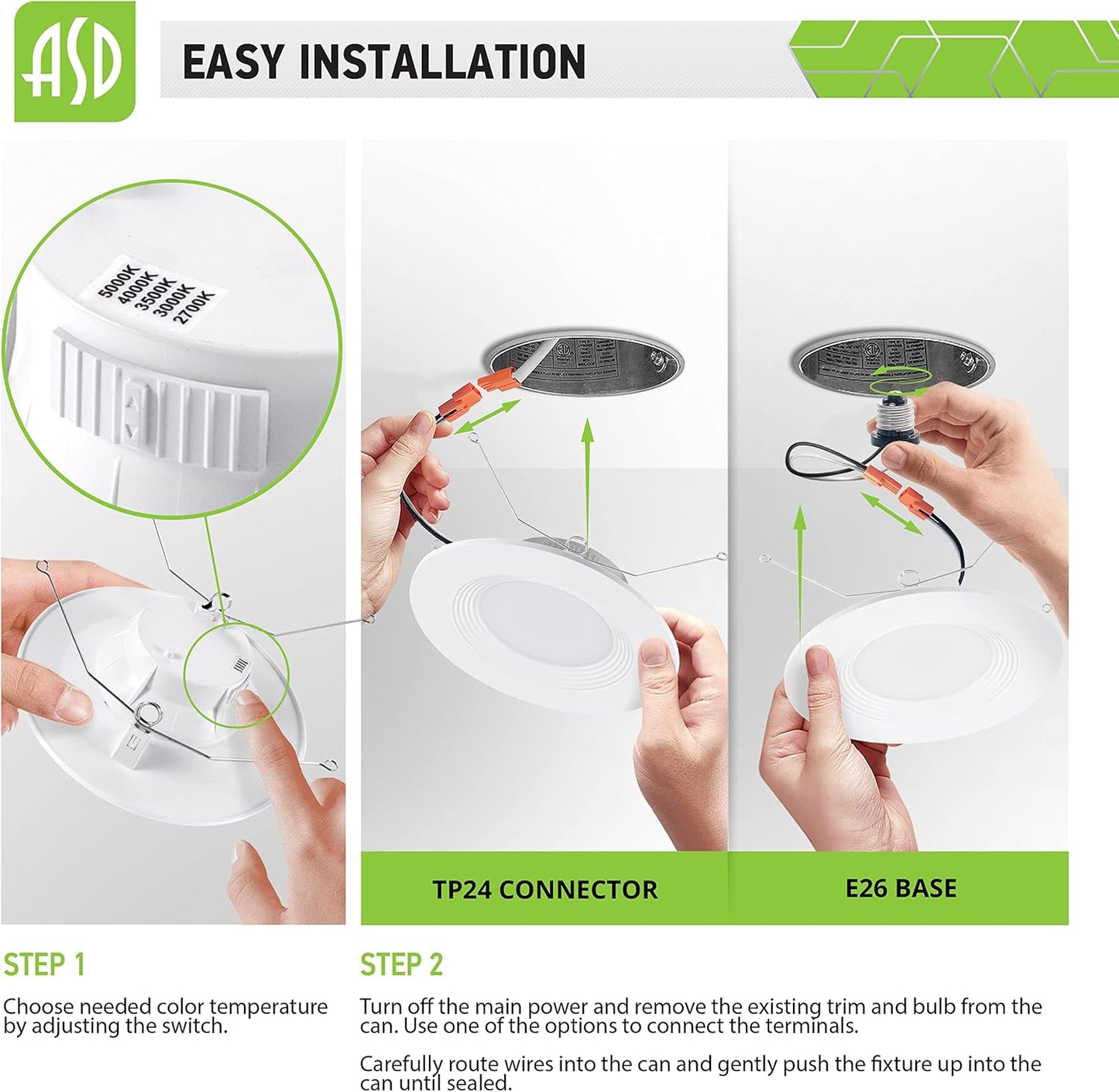 ASD Lighting LED Round Downlight Retrofit Kit 5'' and 6" 12W 120V CCT Selectable 2700/3000/3500/4000/5000K Dimmable PC, Baffle Trim, White UL 12pack