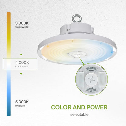 ASD Lighting Q-base LED UFO High Bay Power Adjustable 100/120/150W and CCT Selectable 3000/4000/5000K Dimmable White UL DLC Premium