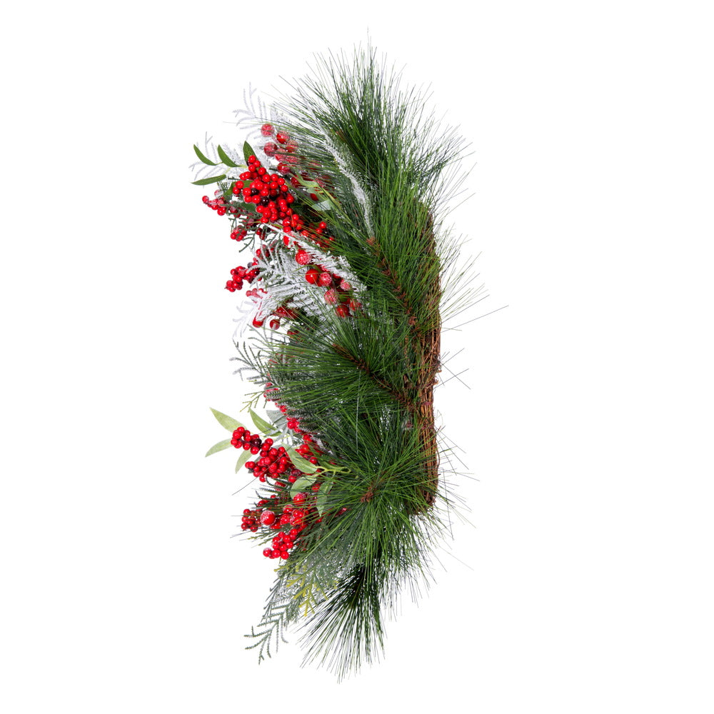Vickerman 24" Frosted Artificial Christmas Wreath with 31 PE/Hardneedle Tips and Decorated with Red Berries and Green and Frosted Foliage