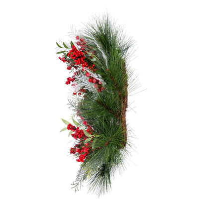 Vickerman 24" Frosted Artificial Christmas Wreath with 31 PE/Hardneedle Tips and Decorated with Red Berries and Green and Frosted Foliage