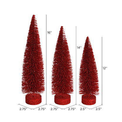 Vickerman 12"-14"-16" Red Glitter Oval Pine Artificial Christmas Tree Set of 3