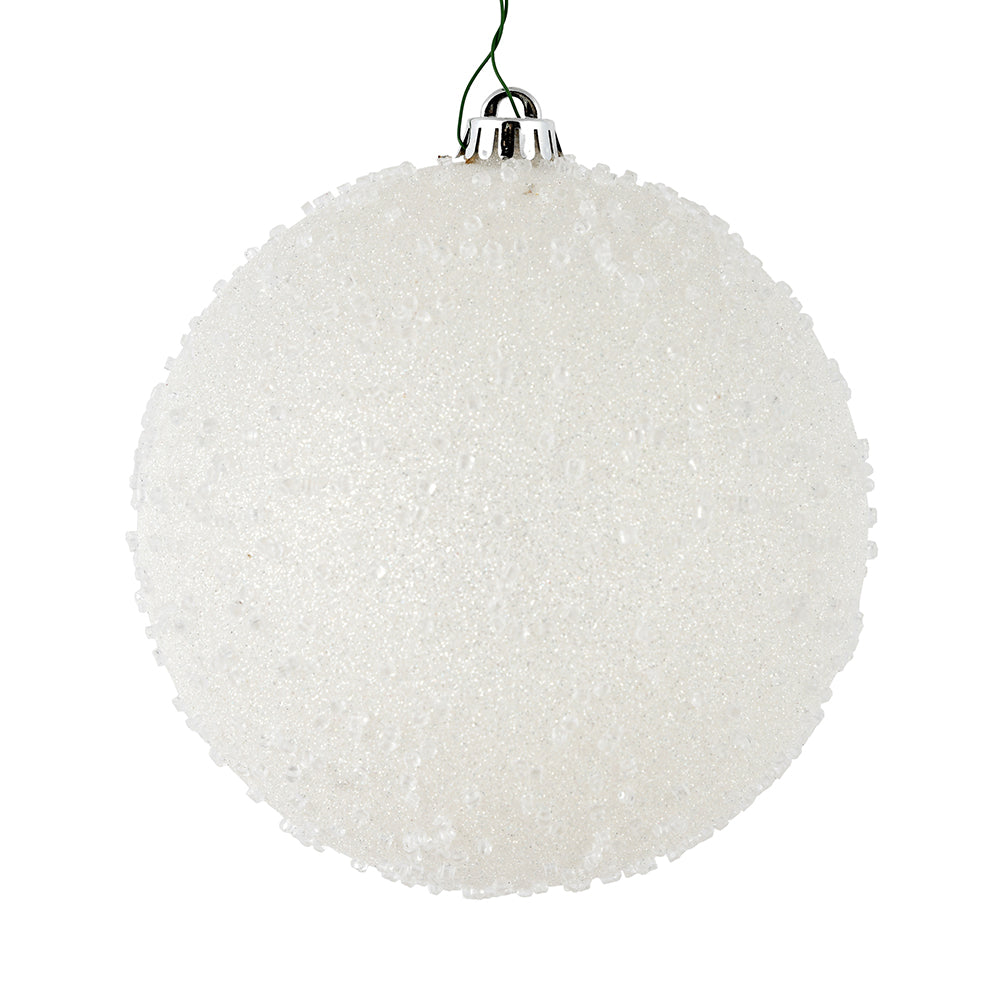 Vickerman 8" White Ice Ball Ornament. This textured ornament has a rough and icy look with a hint of delicate sparkle. Incorporate these ornaments into your holiday design for added texture. Includes 2 pieces per pack. Made with shatterproof plastic.