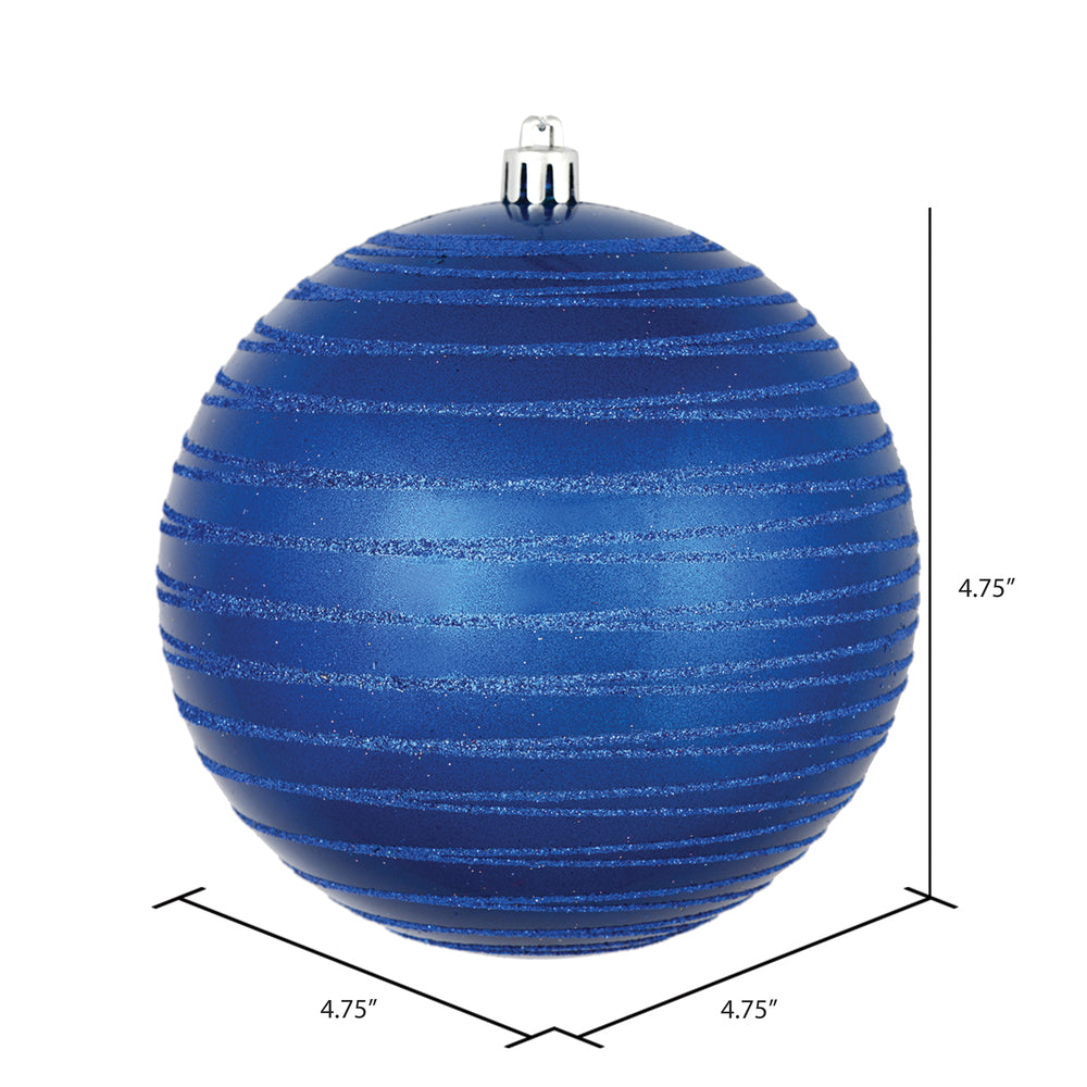Vickerman 4.75" Blue Candy Finish Ball Ornament with Glitter Lines 4 per Bag