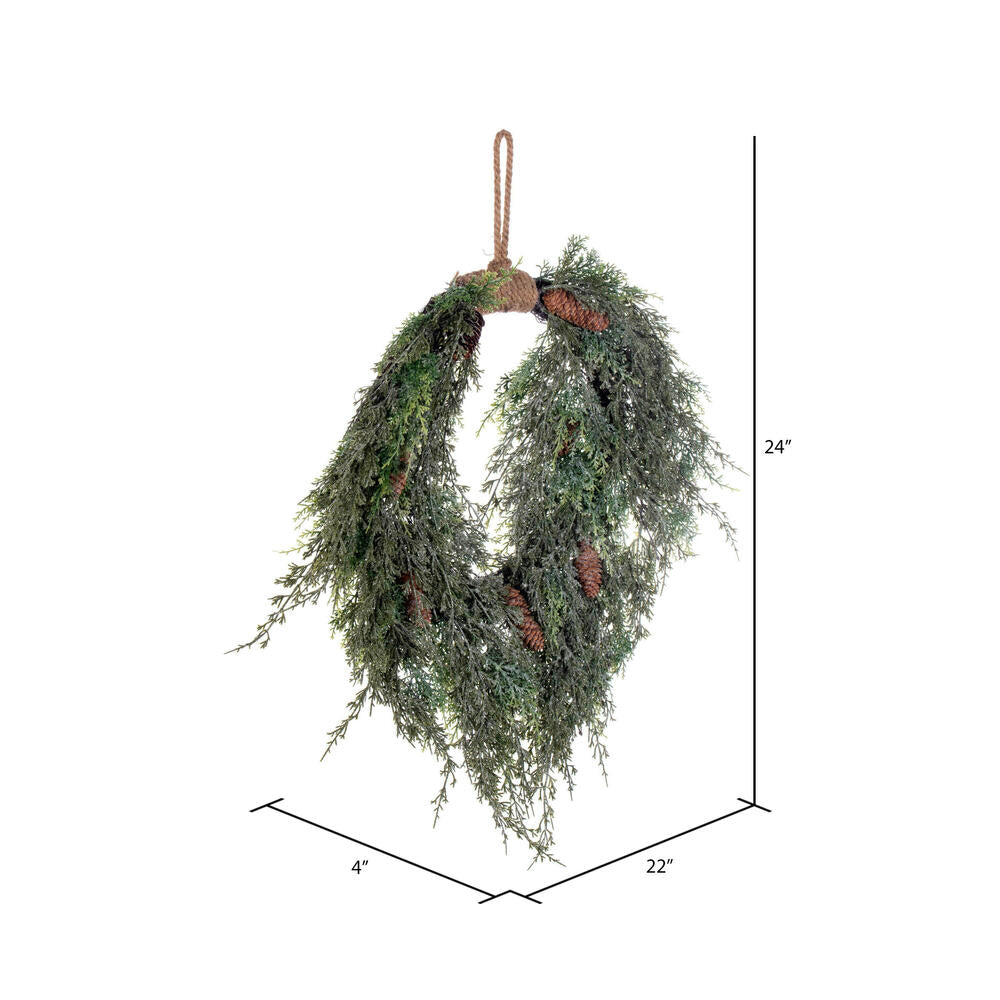 Vickerman 24" Artificial Snow Cedar Hanging Wreath with Pinecones.