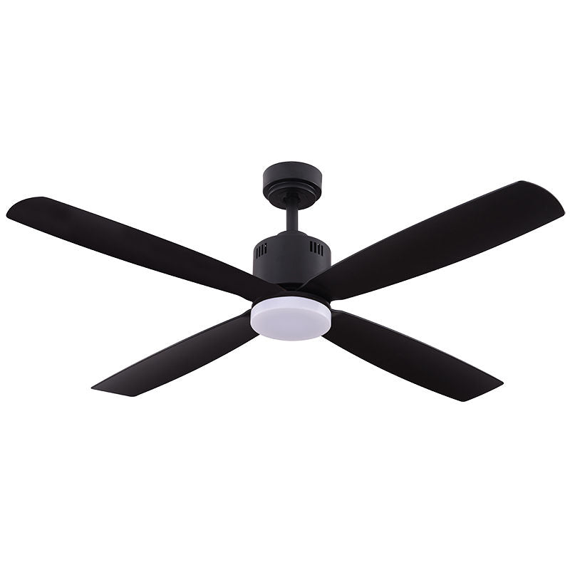 Westgate 52In 4-Blade Damp Loc. Ceiling Fan And Light 30K 19W Integ. LED Wall Switch Black And Black Blades, Commercial Indoor Lighting, 19W, 1600 Lumens, 3000K, Black And Black Blades Finish