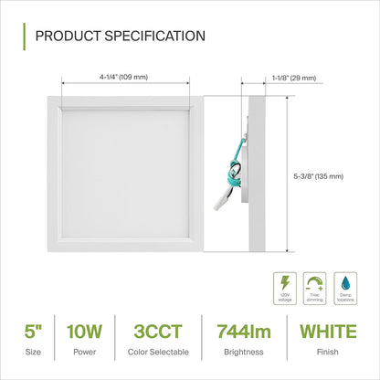 ASD Lighting LED Surface Mini Panel Square 5inch 10W 120V Triac 3000/4000/5000K White ETL 6 pack
