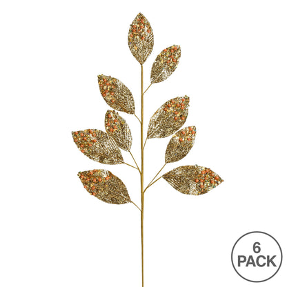 Vickerman 29" Gold Glitter Leaf Artificial Christmas Spray. Includes 6 sprays per pack.