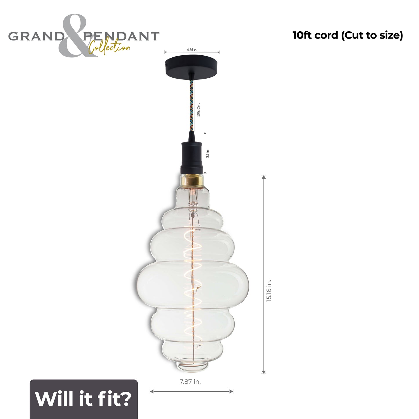 Bulbrite LED Grand Bulb and Pendant Kit of (1) 4 Watt Clear Glass 15" Beehive Shaped Bulb and (1) Black Open Socket Pendant on Multicolor Fabric Braided Cord - 2200K (Amber Light)