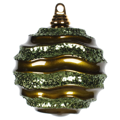 Vickerman 6" Olive Stripe Candy Finish Wave Ball Christmas Ornament with matching Glitter Accents