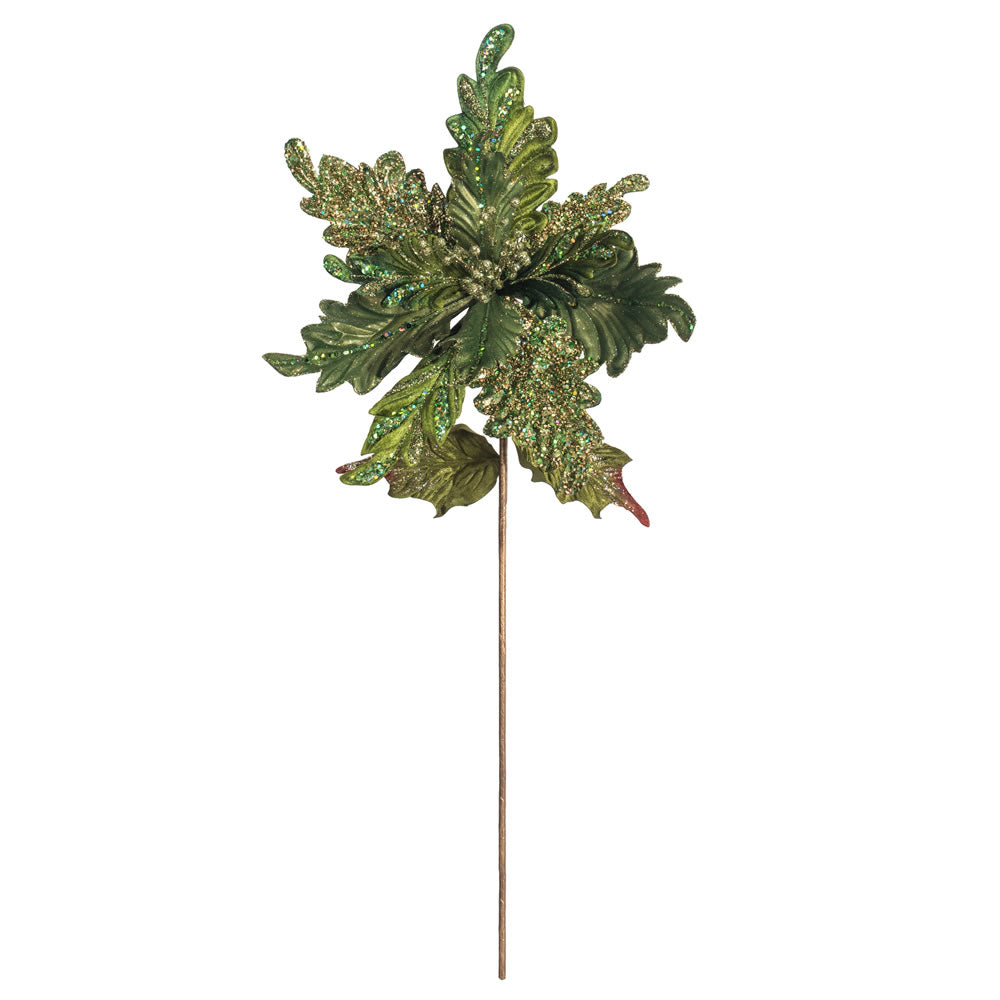 Vickerman 20" Green Glitter Poinsettia Artificial Christmas Stem Pack of 3