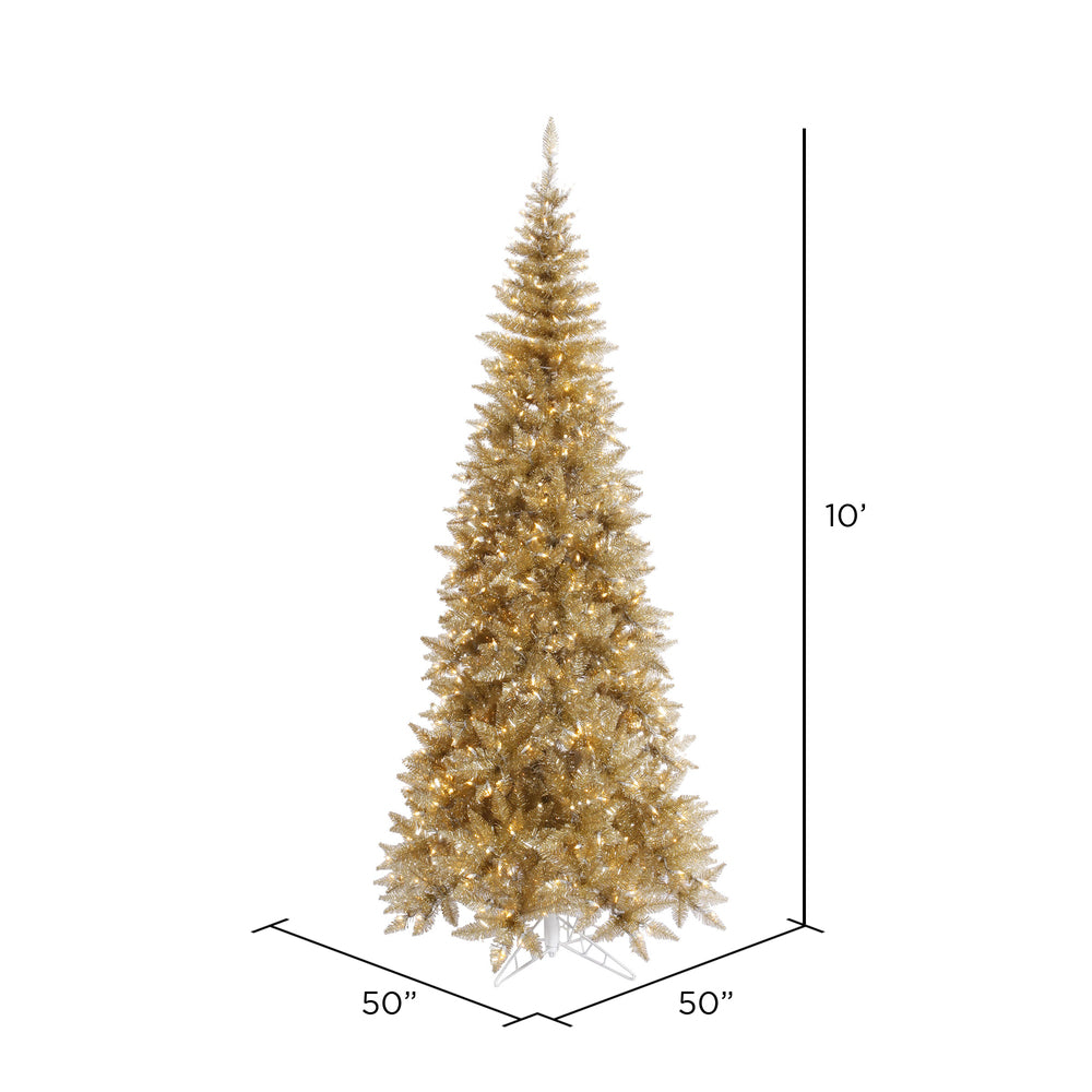 Vickerman 10' Champagne Tinsel Fir Slim Artificial Christmas Tree Warm White Dura-lit LED Lights