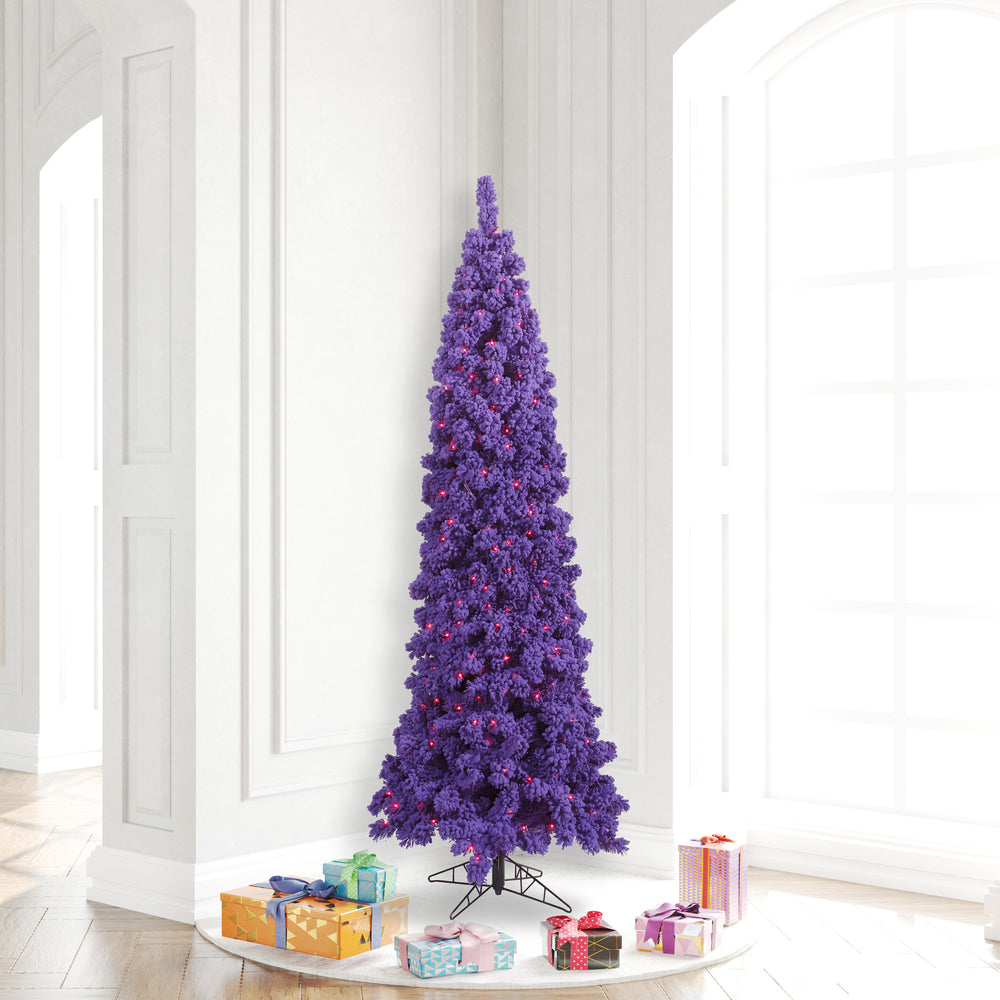 Vickerman 6.5' Flocked Purple Pencil Fir Artificial Christmas Tree Purple Dura-lit LED Lights
