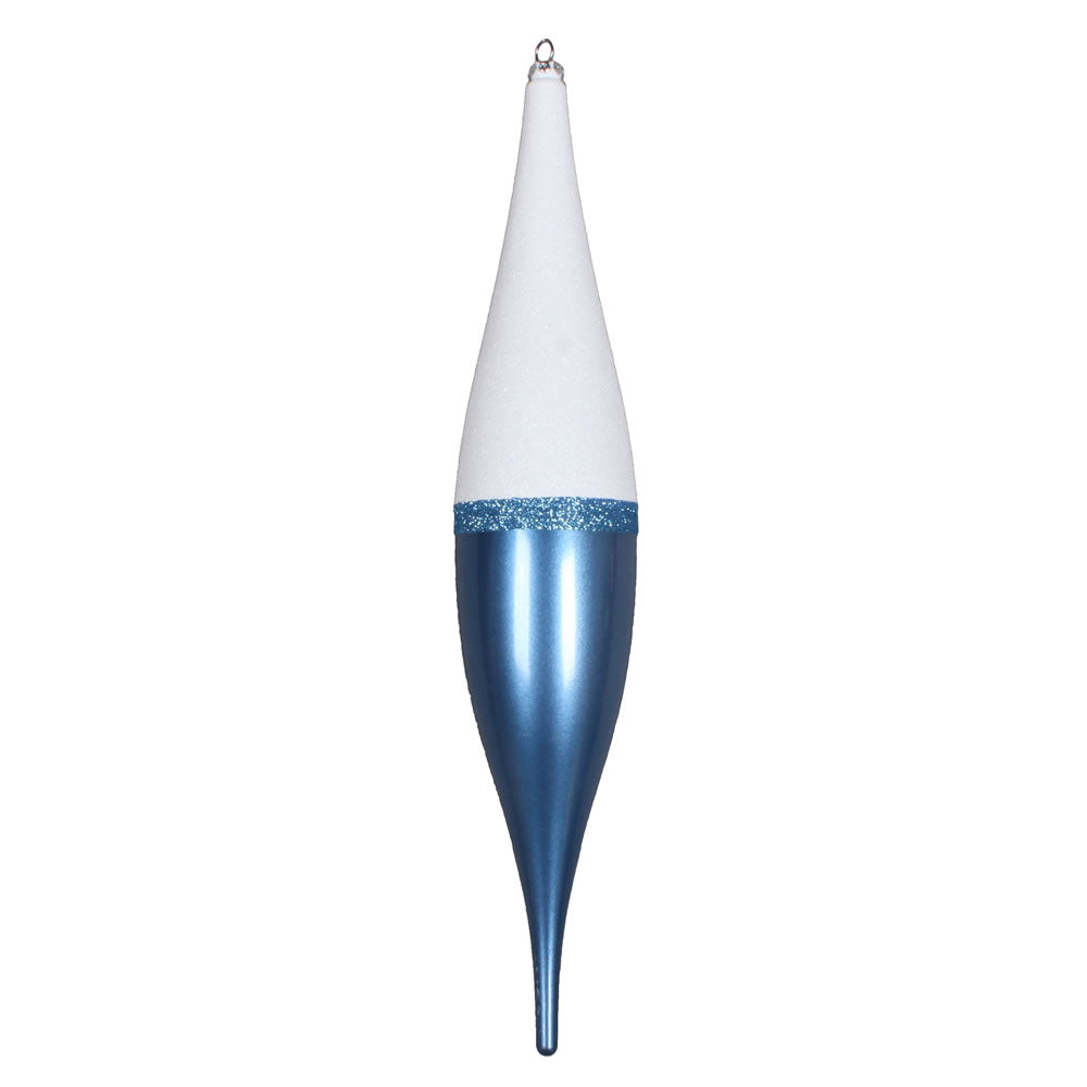 Vickerman 22" Periwinkle Candy/White Glitter Finial. This ornament features a white glitter top a stripe of blue glitter and a candy finish bottom. Made of shatterproof plastic.