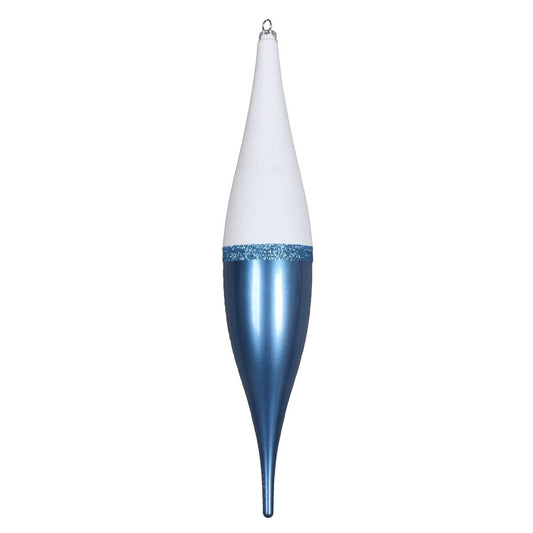 Vickerman 22" Periwinkle Candy/White Glitter Finial. This ornament features a white glitter top a stripe of blue glitter and a candy finish bottom. Made of shatterproof plastic.