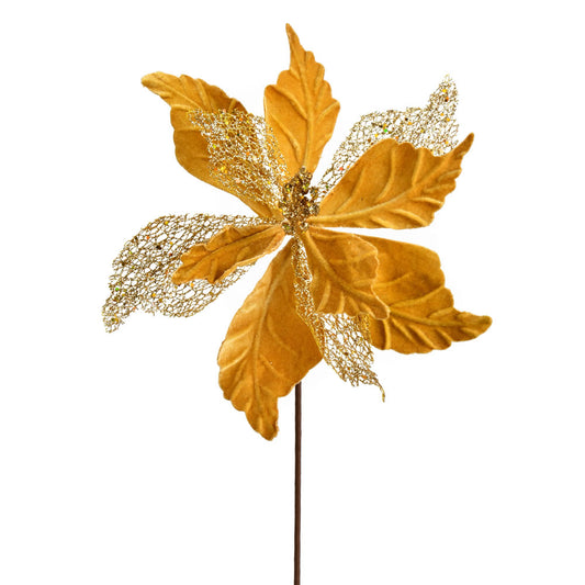 Vickerman 12" x 20" Gold Velvet Poinsettia Mesh Artificial Christmas Spray. Includes 6 sprays per pack.
