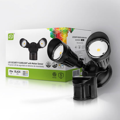 ASD Lighting LED Security Floodlight 2 round heads 20W 120-277V CCT Selectable 3000/4000/5000K with 180° Motion Sensor and Photocell Black ETL