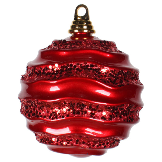 Vickerman 6" Red Stripe Candy Finish Wave Ball Christmas Ornament with Glitter Accents