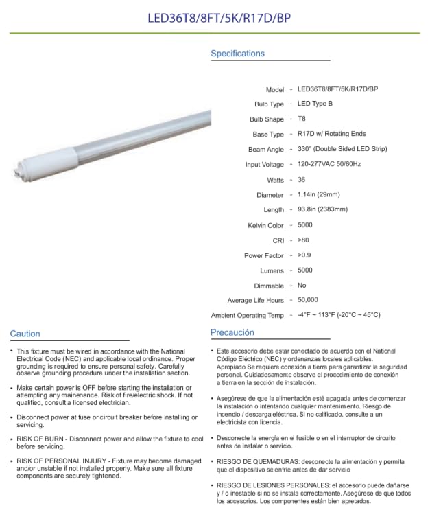 Damar- 8Ft T8 LED Tube Light Bulb Type B Ballast Bypass Single End 36W 5000 Lumens 5000K Bright White R17D Base with Rotating Ends 120-277VAC Pack of 10- Fluorescent Replacement for Garage Workshop