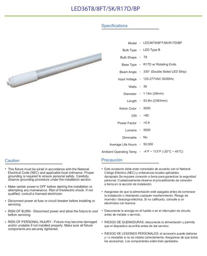 Damar- 8Ft T8 LED Tube Light Bulb Type B Ballast Bypass Single End 36W 5000 Lumens 5000K Bright White R17D Base with Rotating Ends 120-277VAC Pack of 10- Fluorescent Replacement for Garage Workshop