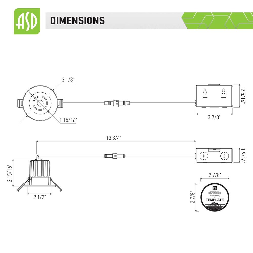 ASD Lighting LED Downlight Round 2inch 8W 120V Triac 2700/3000/3500/4000/5000K White ETL Energy Star