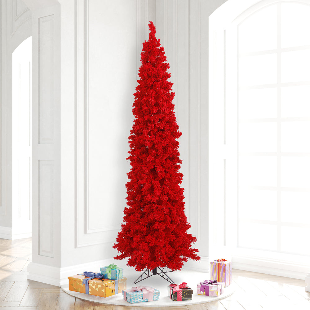 Vickerman 7.5' Flocked Red Pencil Fir Artificial Christmas Tree Red Dura-lit LED Lights