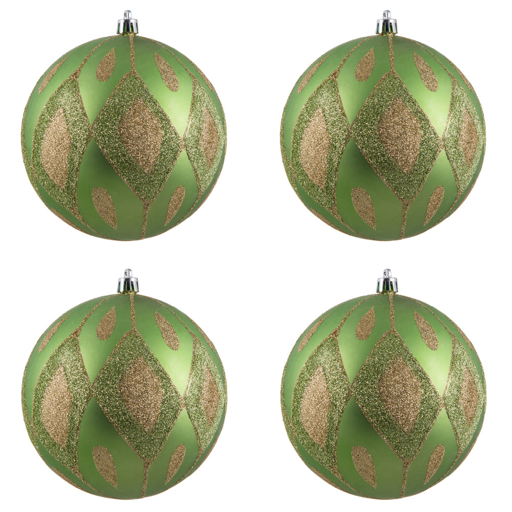 Vickerman 4.75" Celadon Matte Ball with Glitter Diamond Pattern. Add variety and sparkle to your holiday arrangement with this matte ornament that features a glitter pattern. Includes 4 pieces per bag. Made with shatterproof plastic. Ornament has a drille