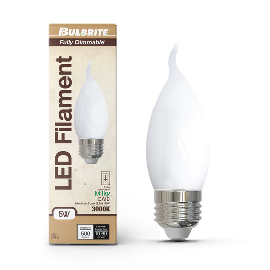 Bulbrite 862085 LED Filament Pack of (4) 5 Watt Dimmable CA10 Light Bulb with Milky Glass Finish and Medium (E26) Base - 3000K (Soft White Light), 500 Lumens