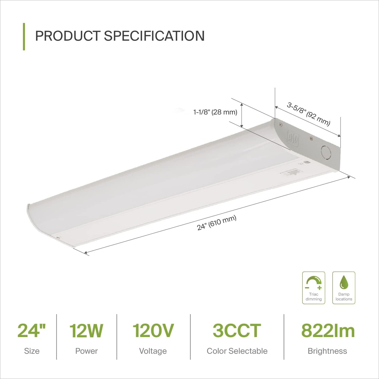 ASD Lighting LED Under Cabinet Bullnose 24" 12W 120V Dimmable CCT Selectable 3000/4000/5000K Hardwired, On/Off Switch, White ETL Energy Star