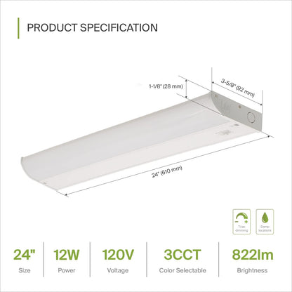 ASD Lighting LED Under Cabinet Bullnose 24" 12W 120V Dimmable CCT Selectable 3000/4000/5000K Hardwired, On/Off Switch, White ETL Energy Star