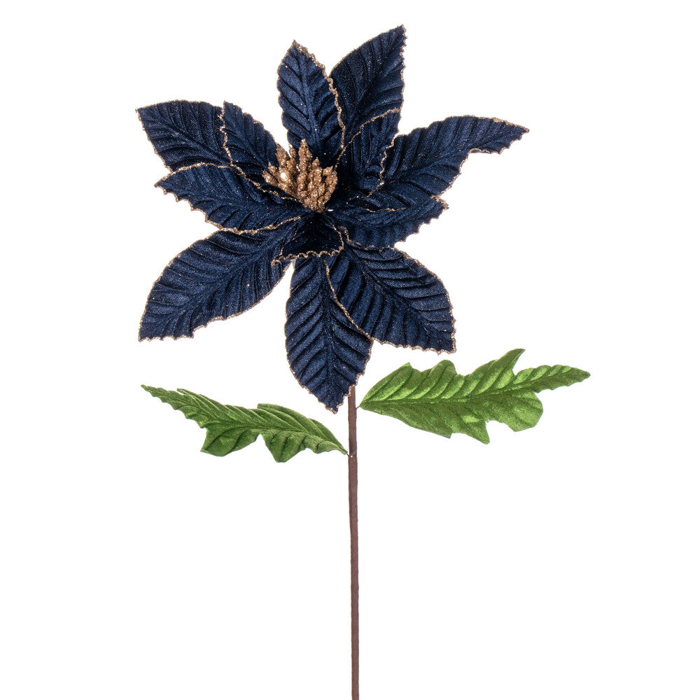 Vickerman 22" Midnight Blue Velvet Glitter Trim Poinsettia 6 per bag.