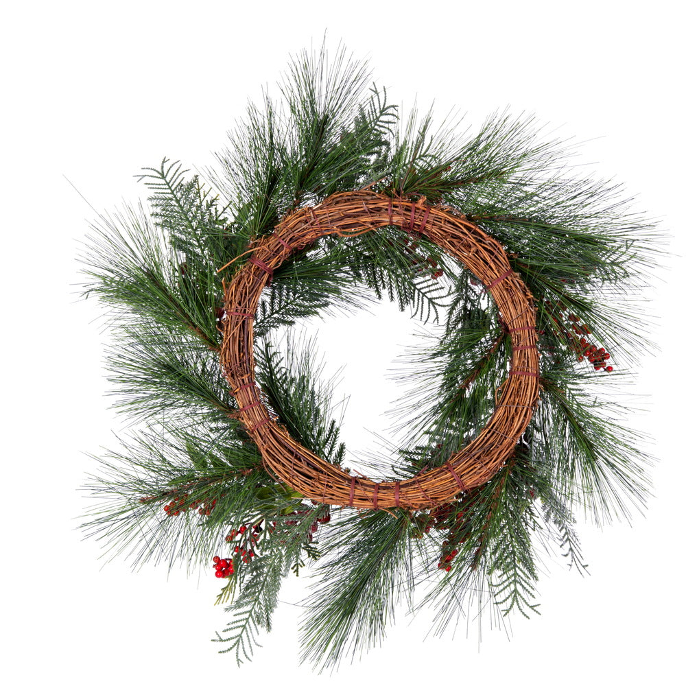 Vickerman 24" Frosted Artificial Christmas Wreath with 31 PE/Hardneedle Tips and Decorated with Red Berries and Green and Frosted Foliage