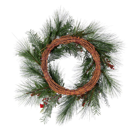 Vickerman 24" Frosted Artificial Christmas Wreath with 31 PE/Hardneedle Tips and Decorated with Red Berries and Green and Frosted Foliage