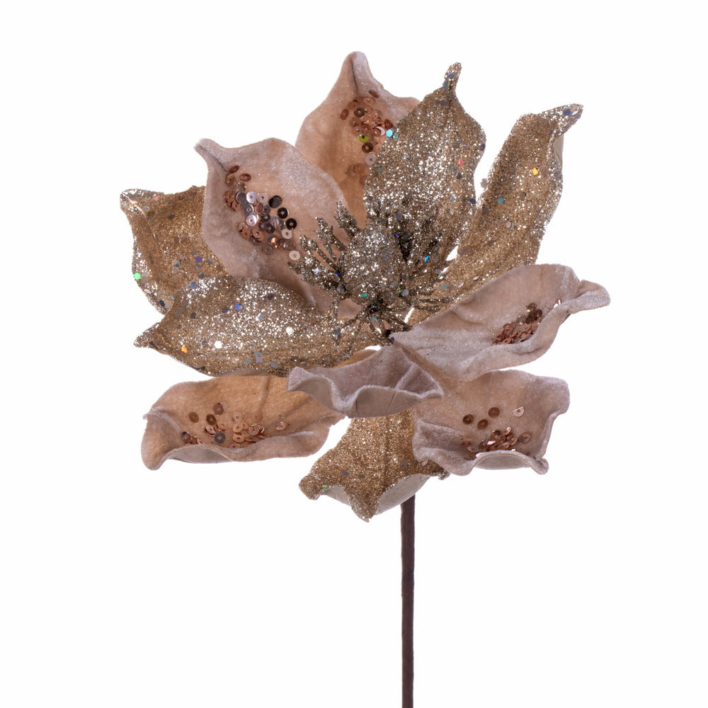 Vickerman 15" Artificial Champagne Deluxe Magnolia Christmas Stem 8" Flower 6 per bag