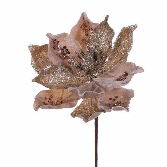 Vickerman 15" Artificial Champagne Deluxe Magnolia Christmas Stem 8" Flower 6 per bag