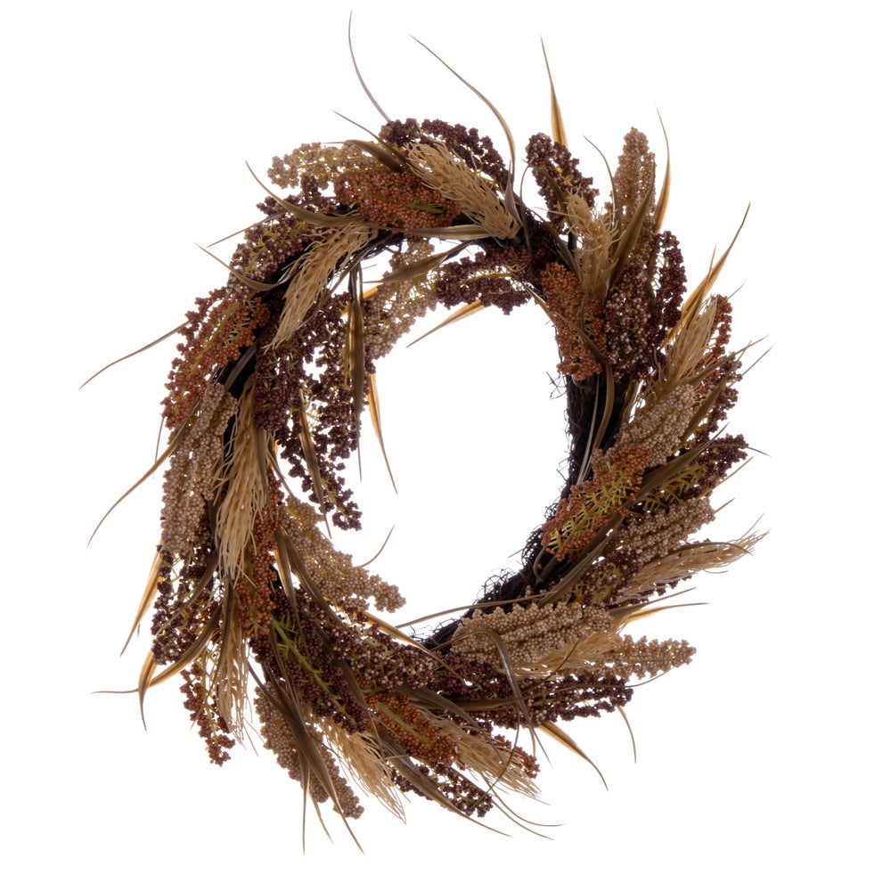 Vickerman Artificial 20" Brown Ivory Corn Wreath. Features brown grass and a circular grapevine base.