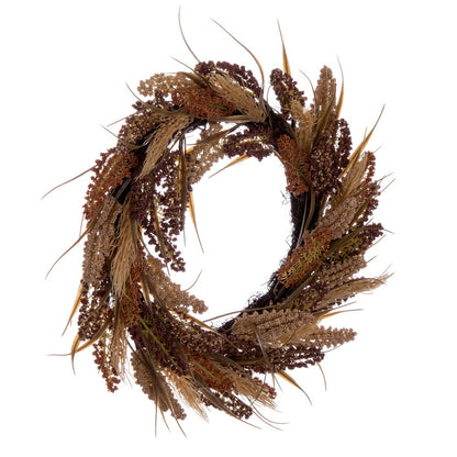 Vickerman Artificial 20" Brown Ivory Corn Wreath. Features brown grass and a circular grapevine base.