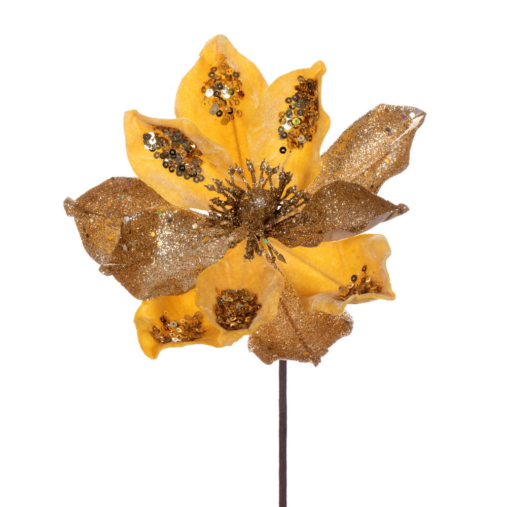Vickerman 15" Artificial Gold Deluxe Magnolia Christmas Stem 8" Flower 6 per bag
