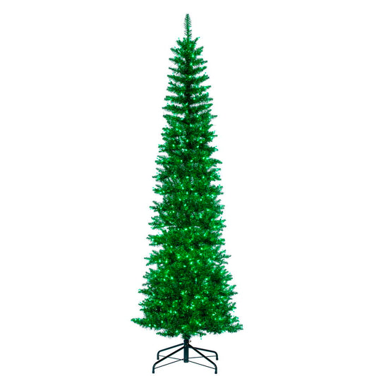 Vickerman 6.5' x 28 Green Tinsel Pencil Artificial Pre-Lit Christmas Tree with 400 Dura-Lit® Green LED Mini Lights. It measures 78 inches tall, and 28 inches wide, which is considered a pencil profile. This tree boasts 712 tips for a realistic look. Pre-l