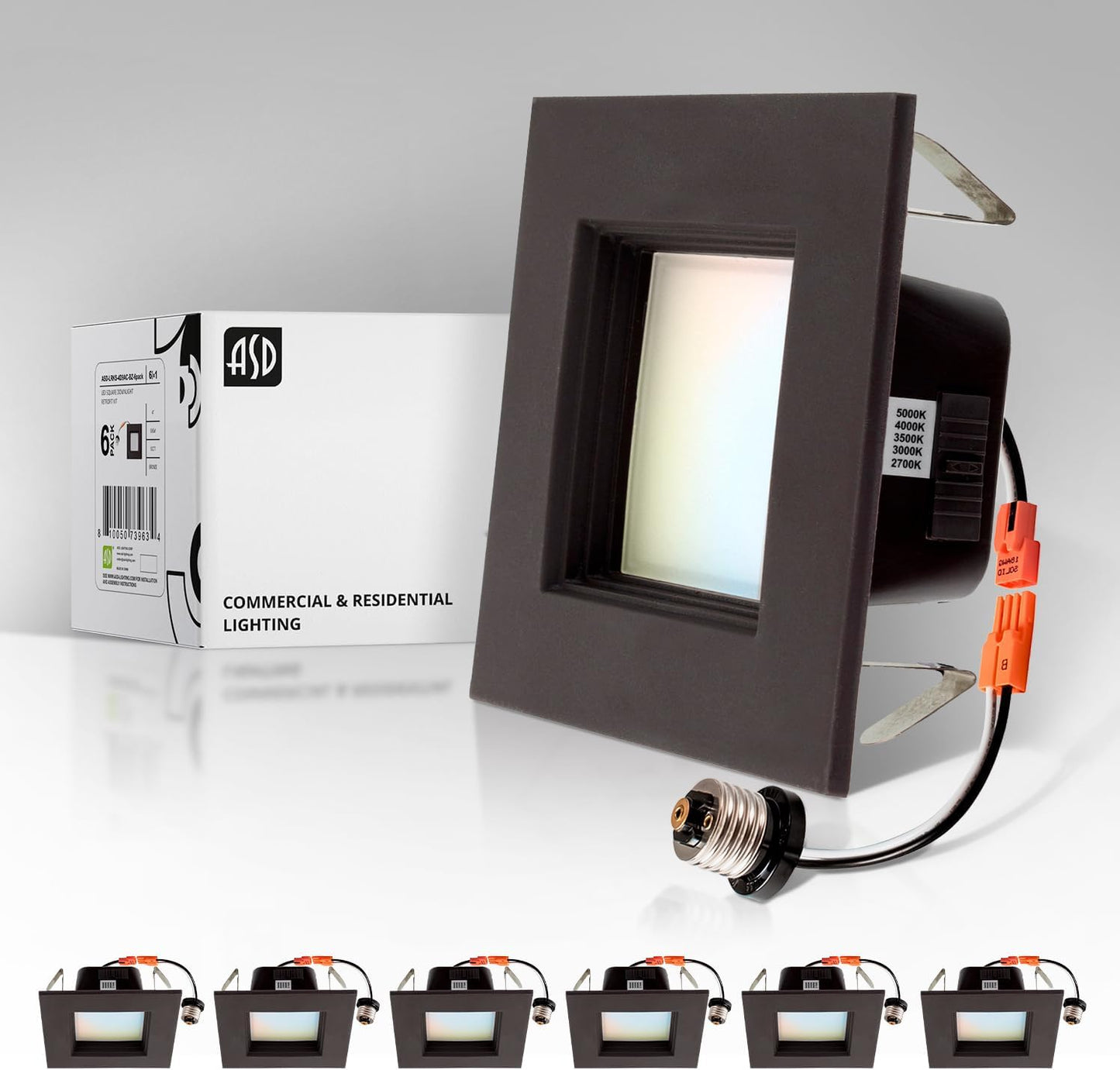 ASD Lighting LED Square Downlight Retrofit Kit 4" 8.6W 120V CCT Selectable 2700/3000/3500/4000/5000K Dimmable PC, Baffle Trim, Oil Rubbed Bronze UL 6pack