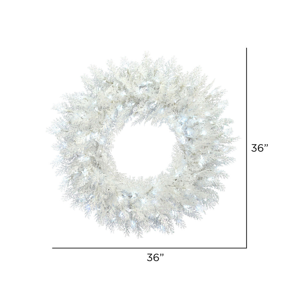 Vickerman 36" Flocked Cedar Pine Artificial Christmas Wreath Low Voltage LED Pure White 3mm Wide Angle Twinkle Lights.
