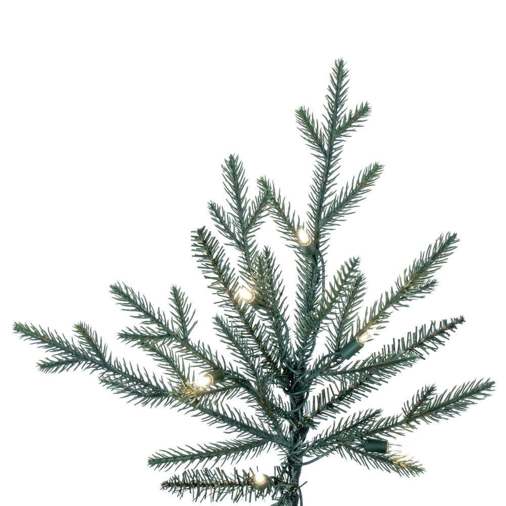 Vickerman 8.5' x 54" Slim Itasca Fraser Fir Artificial Pre-Lit Christmas Tree with 850 Pure White LED Mini Lights, 2326 Realistic PE/PVC Tips, 6' Step On/Off Power Cord and Folding Metal Tree Stand. Assembly is required.