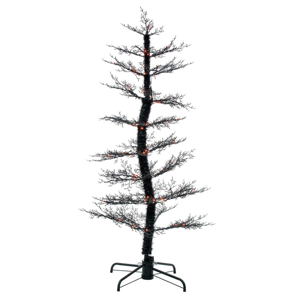 Vickerman 6' x 32" Black Cedar Pre-lit Halloween Tree with 160 Orange and Purple Lights. This tree measures 6 feet tall and 32 inches wide. It comes with a black metal folding stand. It is pre-lit with 160 multi function 2MM lights. The light functions ar