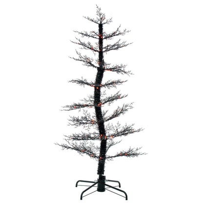 Vickerman 6' x 32" Black Cedar Pre-lit Halloween Tree with 160 Orange and Purple Lights. This tree measures 6 feet tall and 32 inches wide. It comes with a black metal folding stand. It is pre-lit with 160 multi function 2MM lights. The light functions ar