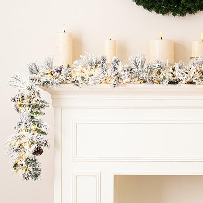 Vickerman 9' x 14" Flocked Atka Artificial Christmas Garland Warm White LED lights.