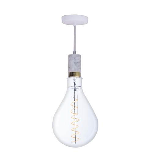 Bulbrite LED Grand Bulb and Pendant Kit of (1) 4 Watt Clear Glass 13" Pear Shaped Bulb and (1) White Marble Open Socket Pendant on White Fabric Braided Cord - 2200K (Amber Light)