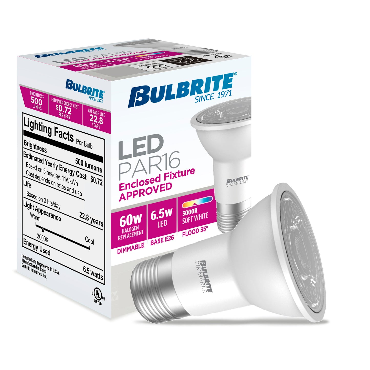 Bulbrite 771105 LED 6 Watt PAR16 Light Bulb with a E26 Base - 3000K (Soft White Light) 500 Lumens