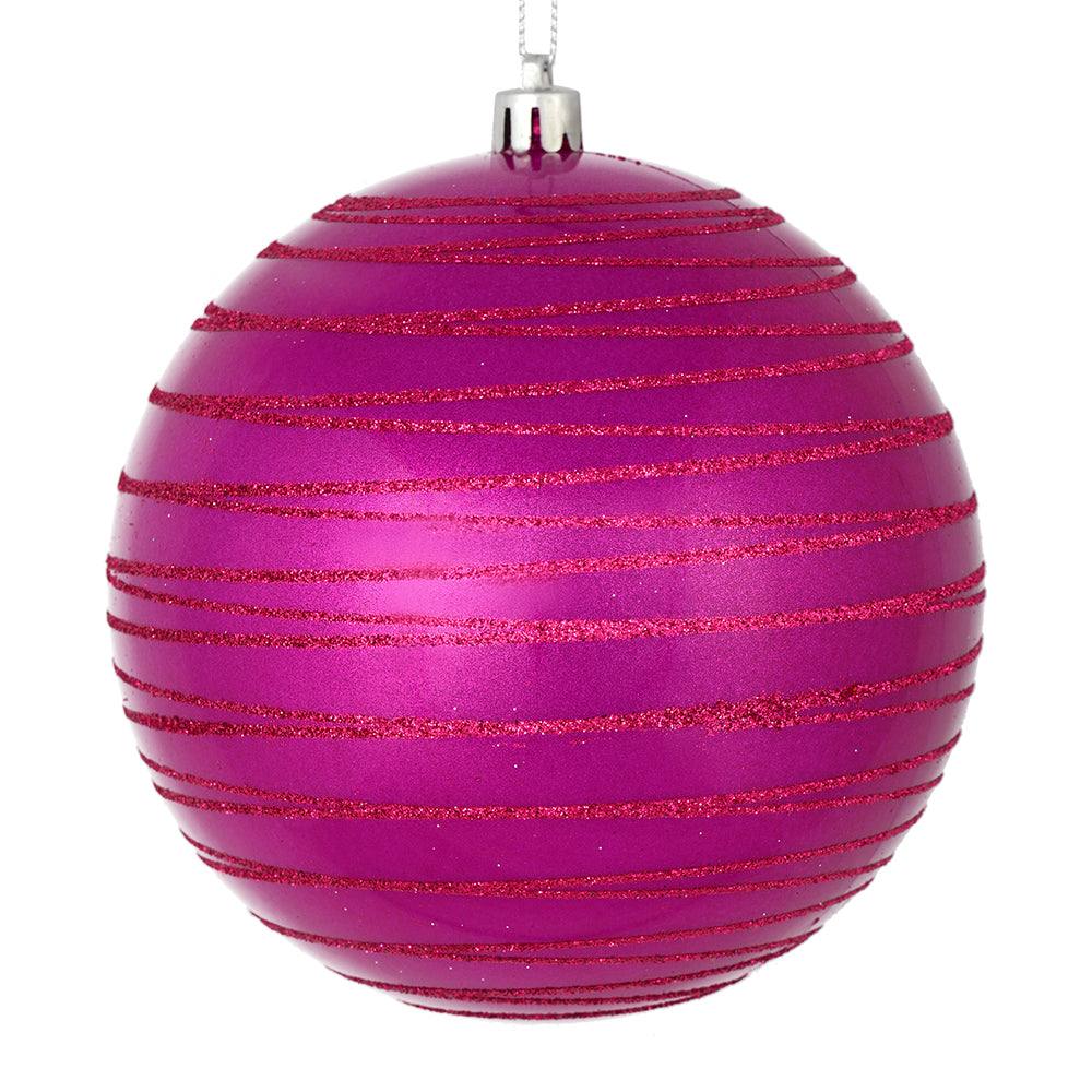 Vickerman 4.75" Fuchsia Candy Finish Ball Ornament with Glitter Lines 4 per Bag