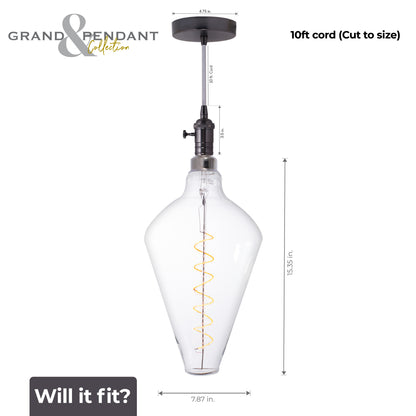 Bulbrite LED Grand Bulb and Pendant Kit of (1) 4 Watt Clear Glass 15" Diamond Shaped Bulb and (1) Gunmetal Black Open Socket Pendant on Silver Fabric Braided Cord - 2200K (Amber Light)